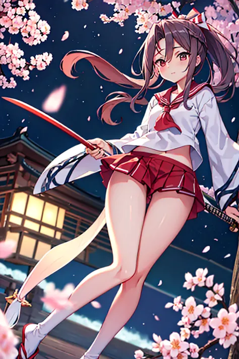 4k, highest quality, fleet collection,ruifeng,sailor suit,holding a japanese sword,ponytail,a night of falling cherry blossoms,