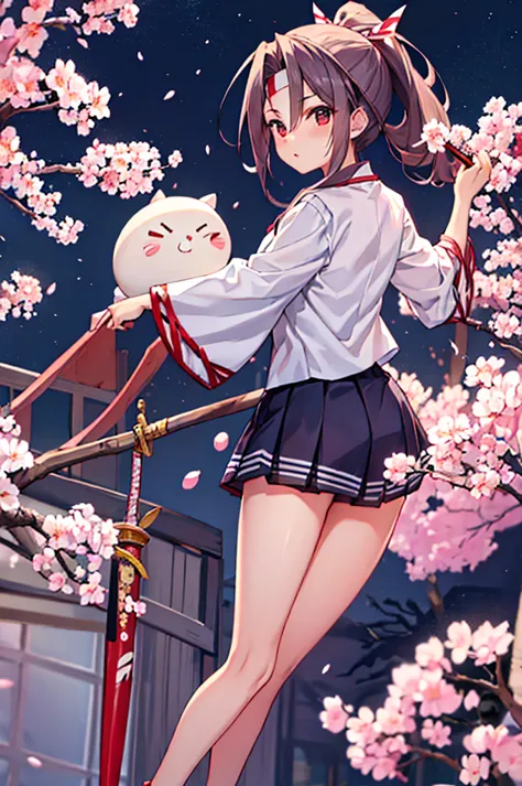 4k, highest quality, fleet collection,ruifeng,sailor suit,holding a japanese sword,ponytail,a night of falling cherry blossoms,