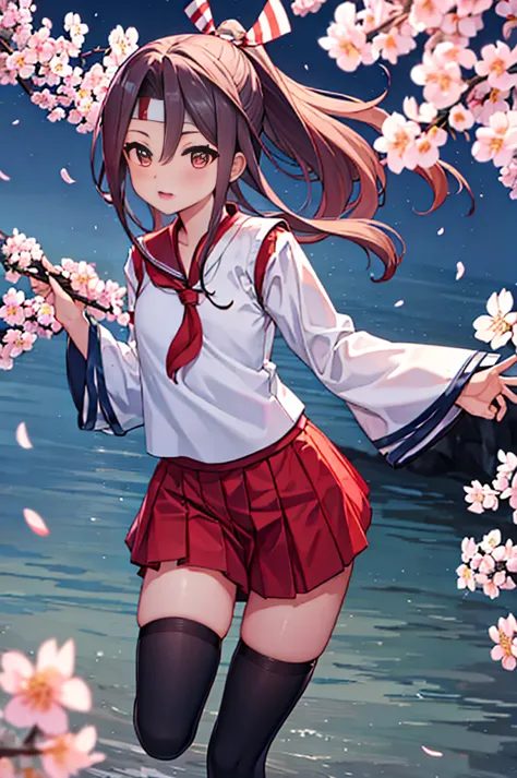 4k, highest quality, fleet collection,ruifeng,sailor suit,holding a japanese sword,ponytail,a night of falling cherry blossoms,