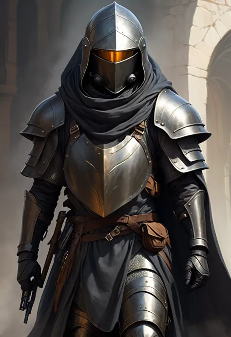 a special force suit nondescript soldier, helmet hides any indistinguishable features, carries a billowing cloak, medieval d&d a...