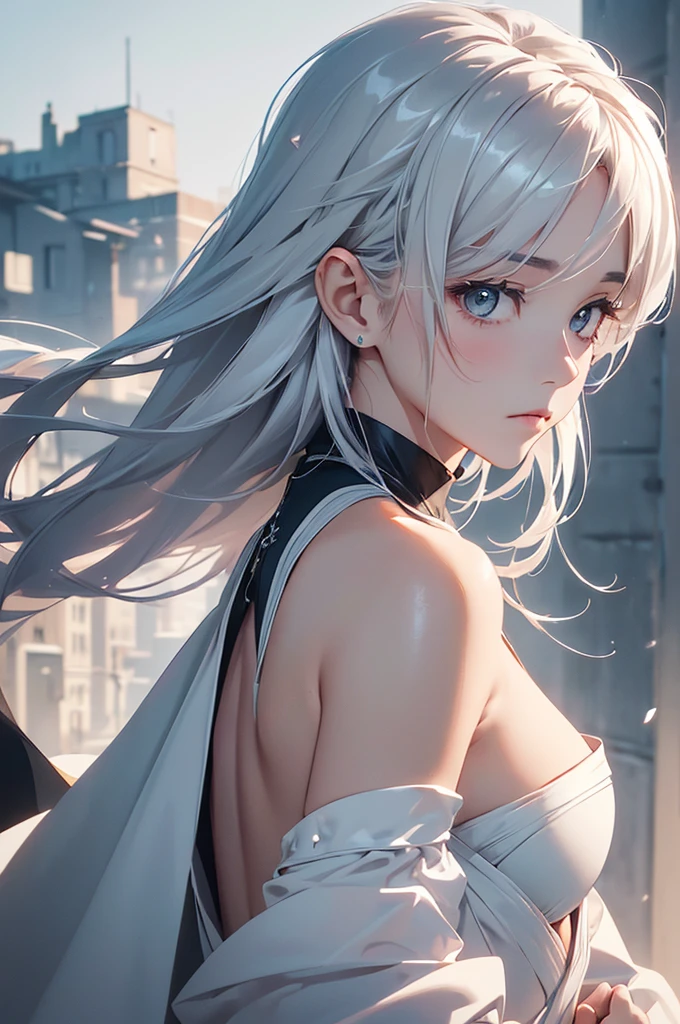 (Image from chest up:1.4)((masterpiece:1.5,Highest quality,Beautiful images、Realistic、2.5D、Artistic、Portraiture))(1girl, 独奏)(medium breasts, Silver Hair、long hair、Beautiful cleavage、sideboob、Exposing shoulders、Tattoo on shoulder)(横顔のPortraiture,Gaze sideways、Gaze diagonally、Shake your head、A sad expression, floating hair)(Monotone Abstract Background)((from side:1.3)),Landscape,((outfit-inori,Monotone costumes))
