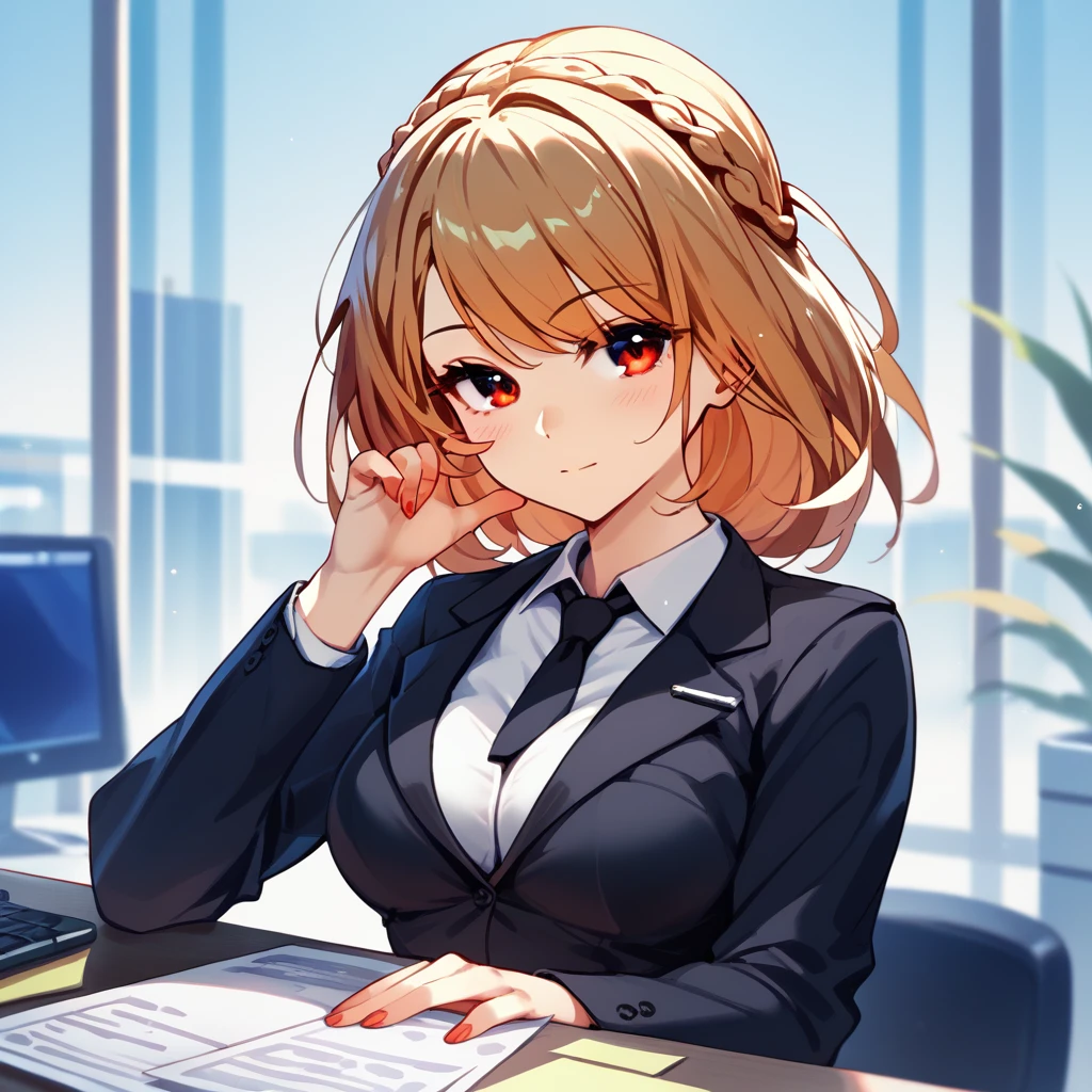 1girl, medium breasts, medium hair, (blond hair), french braid, red eyes, Office suit, score_9, score_8_up, score_7_up, score_6_up, score_5_up, score_4_up, ((sexy posing:1.5)), (sensual pose), Office, BREAK, view the Watching, 