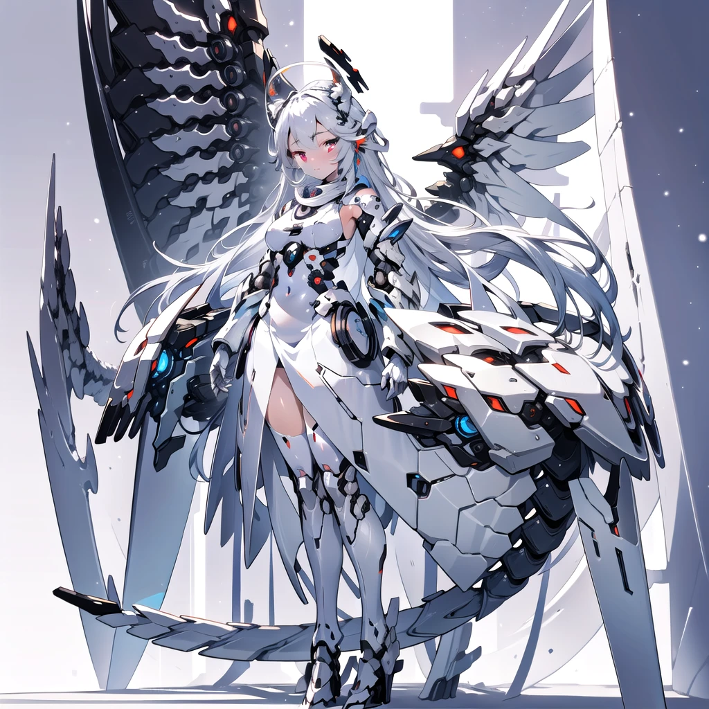 masterpiece, highest quality, highest resolution, clear_image, detailed details, White hair, long hair, cat ears, 1 girl, red eyes, sci-fi dress, white scarf (white scarf around the neck with a light blue glow), gray futuristic halo (gray halo over the head), white wings (6 wings), cute, full body, no water marks, snow, normal ears. white dragon