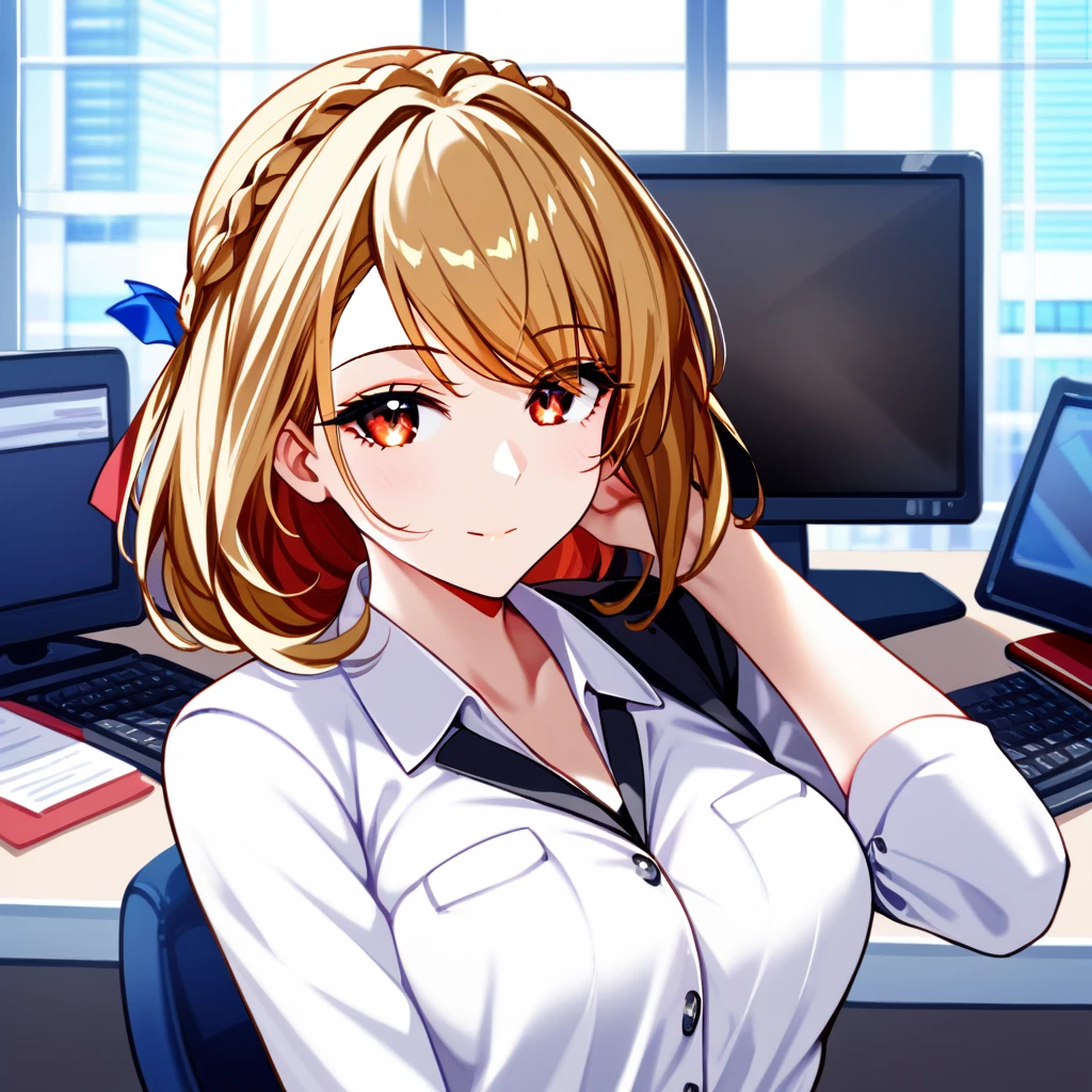 1girl, medium breasts, medium hair, (blond hair), french braid, red eyes, Office suit, ((sexy posing:1.5)), (sensual pose), Office, view the Watching, 