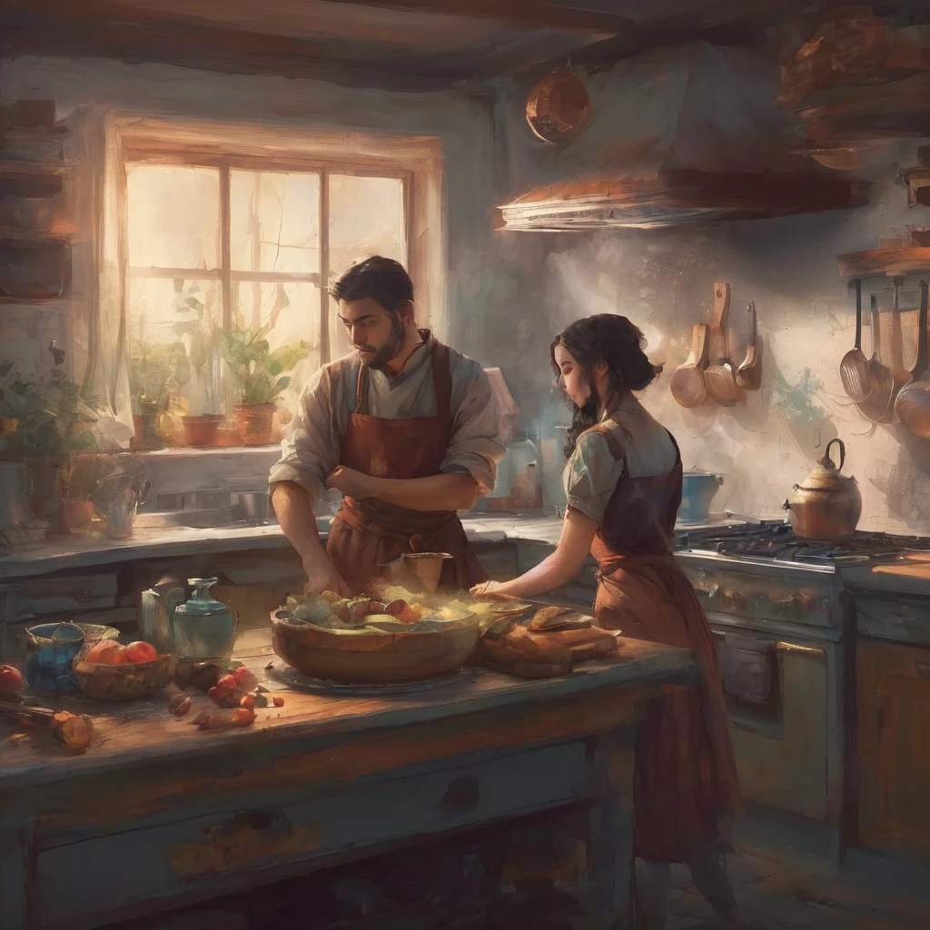 a man and woman in kitchen with a cat, portrait of Ni Yuanlu, Tumblr, art, kitchen interior, kitchen appliances, Maxim Sukharev, denis sarazhin, dmitry mazurkevich, Leonid, Andrey Gordeev, alexi zaitsev, artem chebokha, Adim Kashin, (best quality,4k,8k,highres,masterpiece:1.2),ultra-detailed,(realistic,photorealistic,photo-realistic:1.37),vivid colors,warm lighting,cinematic lighting,chiaroscuro