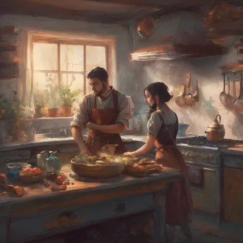 a man and woman in kitchen with a cat, portrait of Ni Yuanlu, Tumblr, art, kitchen interior, kitchen appliances, Maxim Sukharev,...