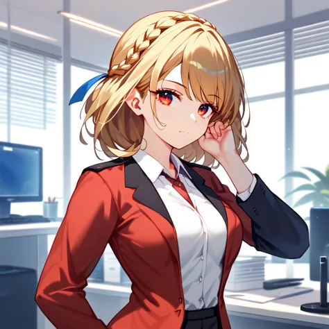 1girl, medium breasts, medium hair, (blond hair), french braid, red eyes, office suit, ((sexy posing:1.5)), (sensual pose), offi...