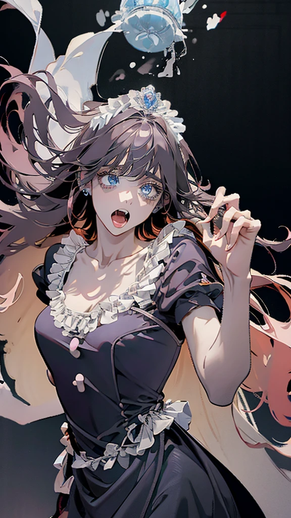 A princess screaming in hatred, detailed face, blue eyes, bioluminescent red dress, very long hair, flying hair, magical, high resolution, masterpiece