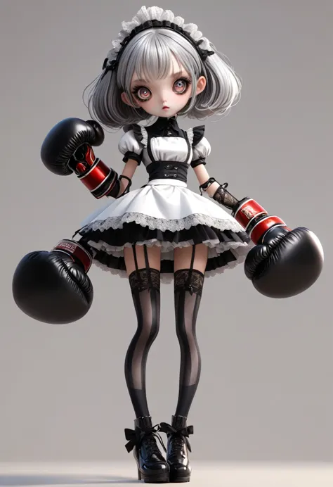 1 Girl，Robot，Unique，big eyes，Exquisite facial features，Dark eyeshadow，Weird makeup，Lace maid outfit，Silver hair，Thin waist，Extra...