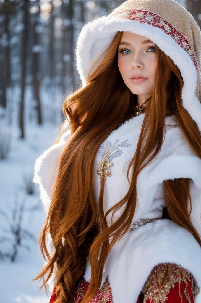 A gorgeous, pretty, shiny, kind-hearted, warm-hearted, sweet, polite, sensitive, friendly, charming, graceful, stylish, classy, alluring, majestic, ethereal, angelical ginger long haired russian woman dressed in traditional winter costumes.