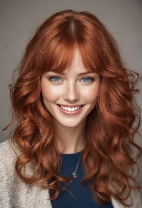 a high model, with long wavy red hair at the end and bangs, reddish mouth and cheeks, avec un sourire timide montrant ses dents ...