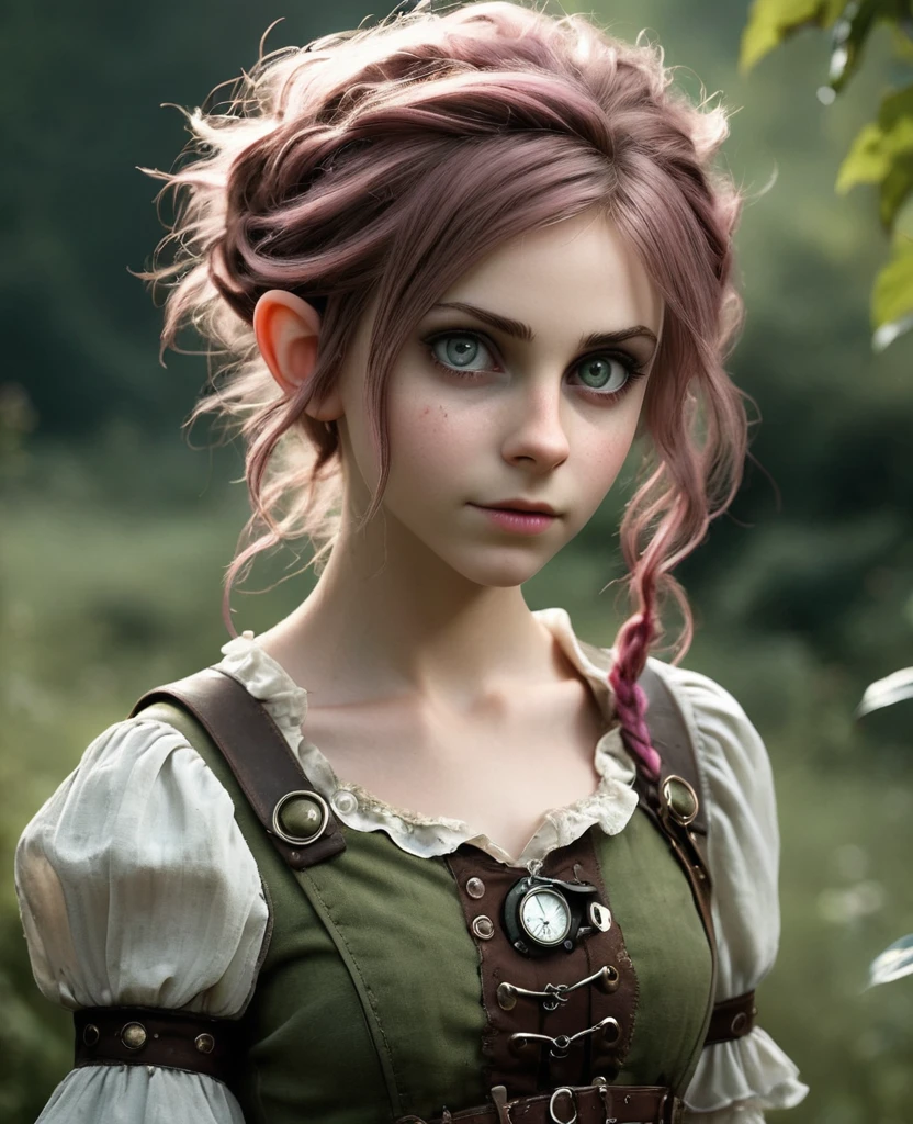 cute elf, (teenage elf  with extremely cute eyes)), (((elf))), ((((high resolution))), (((extremely detailed))), ((masterpiece)), looks like Aerith Gainsborough, dramatic shadows, depth of field, analog photo style, (world in which are collide steampunk and postapocalyptic vibes), postapocalyptic cute female in steampunk aesthetic, torn dirty clothes, depth of field, full body shot, unzoomed, (perfect body: 1.4), (sidecut short hairstyle), (stalking is quite common, although not the best way to make a living), stylized atmosphere of unreality, dark atmosphere, dynamic pose, in motion, Armageddon, increase cinematic lighting, highly lifelike skin texture, parted lips, weary eyes, fine eyes, whitened skin, random hair colour, doomsday aura