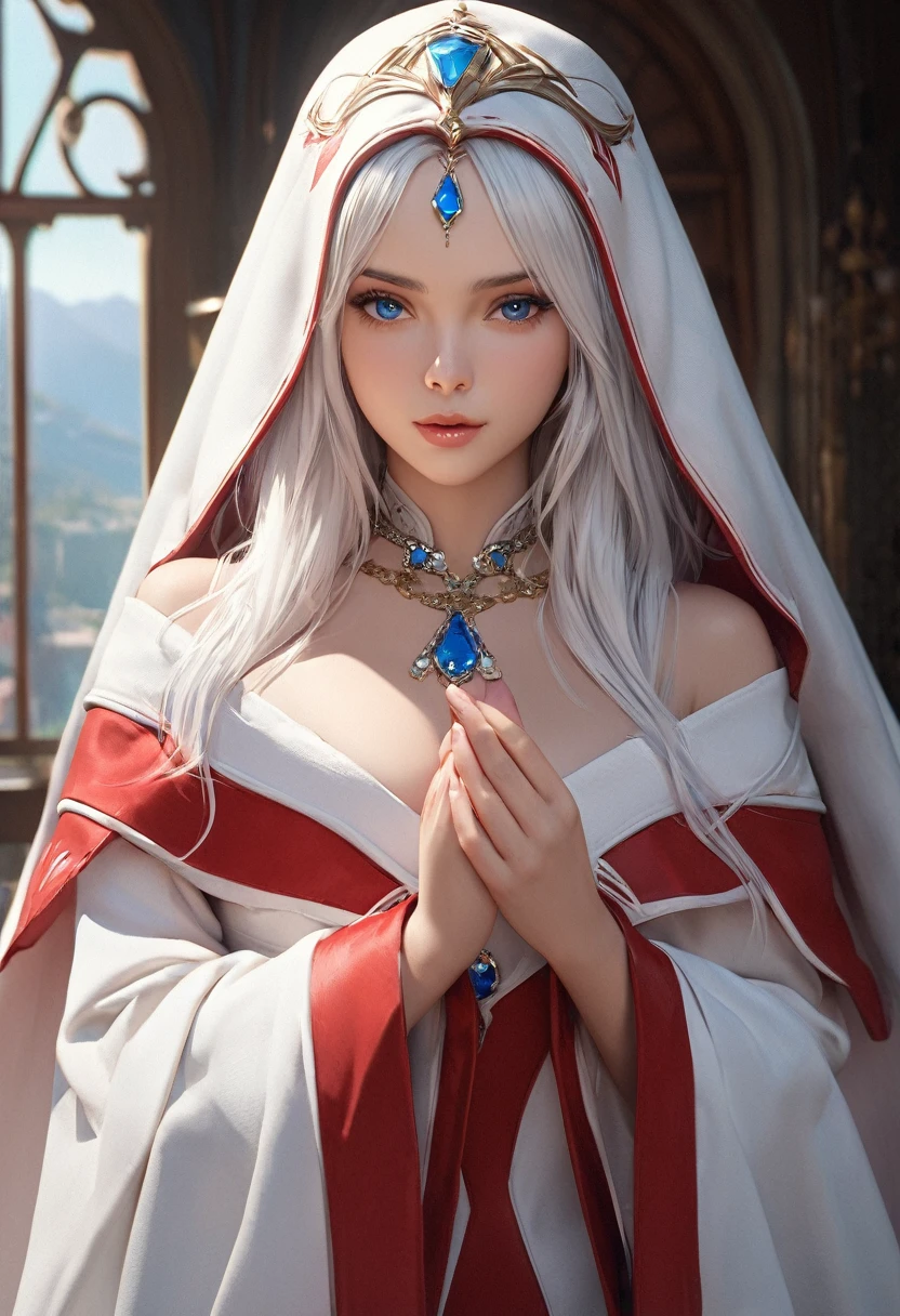 (best quality,4k,8k,highres,masterpiece:1.2), ultra-detailed, (realistic,photorealistic,photo-realistic:1.37),((Highly detailed CG Unity 8k wallpaper)), masterpiece, Super detailed, floating, High resolution, Sexually suggestive, (small, Extremely long white hair, Princess, White Mage, blue eyes, (It has long, wide sleeves and intricate embroidery. A gorgeous layered long dress in white and red with a sheer look), Bridal Veil, Circlet, Bridal Gauntlet, Blushing, shy, arched back, Frilled petticoat, Glamorous corset,