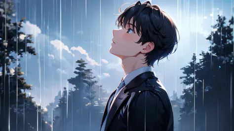 very high quality: a beautiful young man looking up at the rainy sky