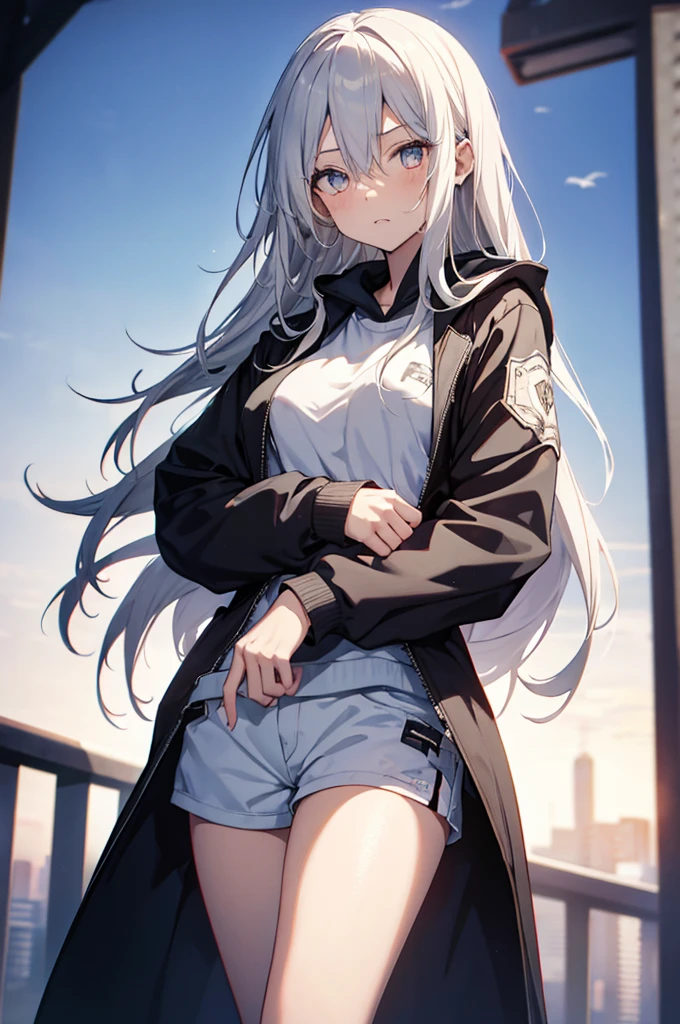 1girl, {Solitary}, Upper Body ,{{ {Watching at viewer}}}, Arms at your sides, Concept Art, white Background, simple Background, White hair, Silver gradient hair , Composite cloth, Asymmetrical clothes, Virtual YouTuber, best quality, masterpiece, Dynamic Angle, guilty gear, guilty gear, guilty gear, cowboy_shooting, Watching_Back, grab, girl,Miss,woman, young,20 years old, Very long hair, Hair Flip, Silver Hair, Flowing hair, Ahog, giggle, Beautiful and delicate golden eyes, teeth, Moderate_breast, Blonde eyes, White skin, hoodie, Black_shorts, Gray clothes, transparent_Background, Backlighting, absurd, high resolution, Extremely detailed,sweater