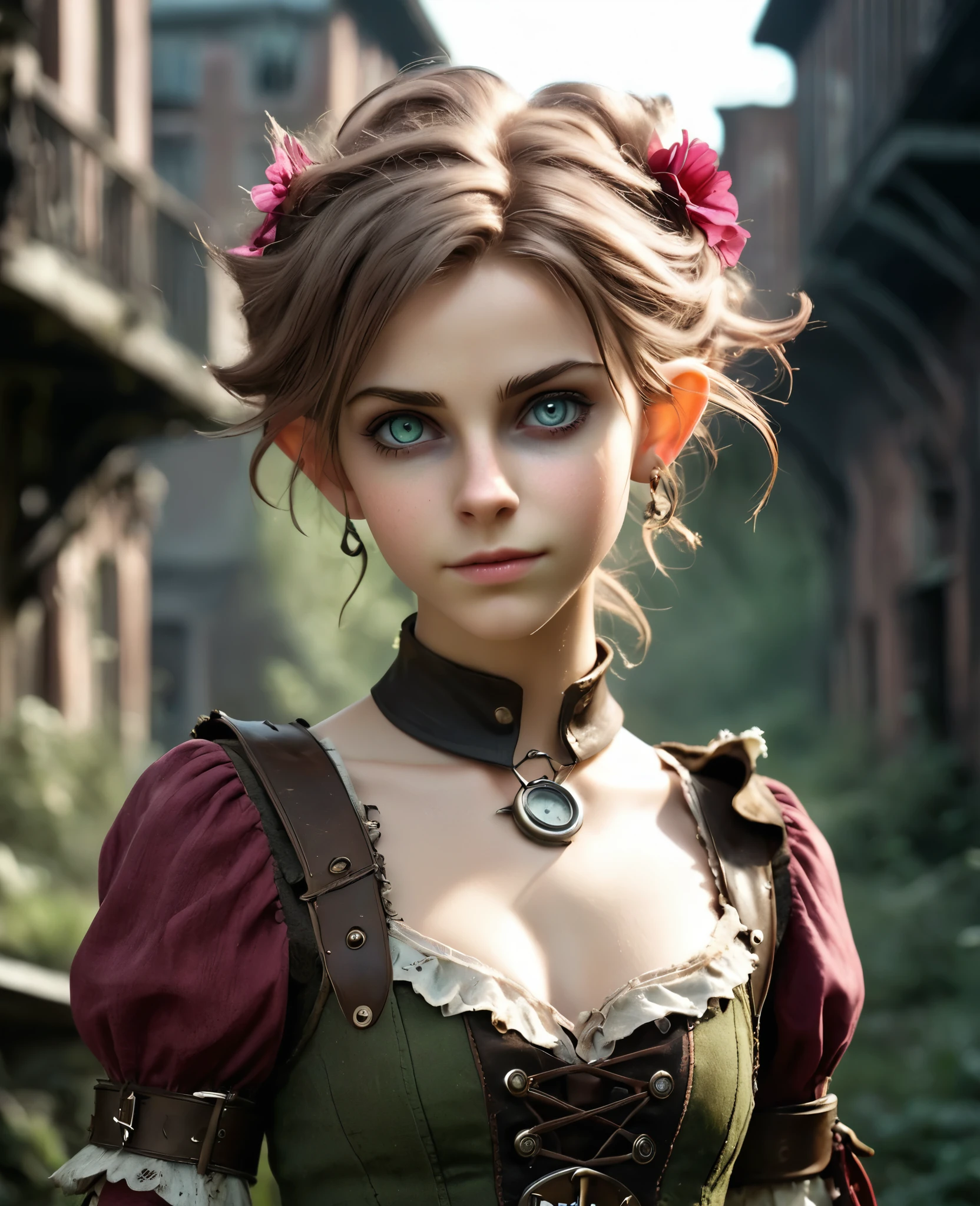 cute elf, (teenage elf  with extremely cute eyes)), (((elf))), ((((high resolution))), (((extremely detailed))), ((masterpiece)), looks like Aerith Gainsborough, dramatic shadows, depth of field, analog photo style, (world in which are collide steampunk and postapocalyptic vibes), postapocalyptic cute female in steampunk aesthetic, torn dirty clothes, depth of field, full body shot, unzoomed, (perfect body: 1.4), (sidecut short hairstyle), (stalking is quite common, although not the best way to make a living), stylized atmosphere of unreality, dark atmosphere, dynamic pose, in motion, Armageddon, increase cinematic lighting, highly lifelike skin texture, parted lips, weary eyes, fine eyes, whitened skin, random hair colour, doomsday aura