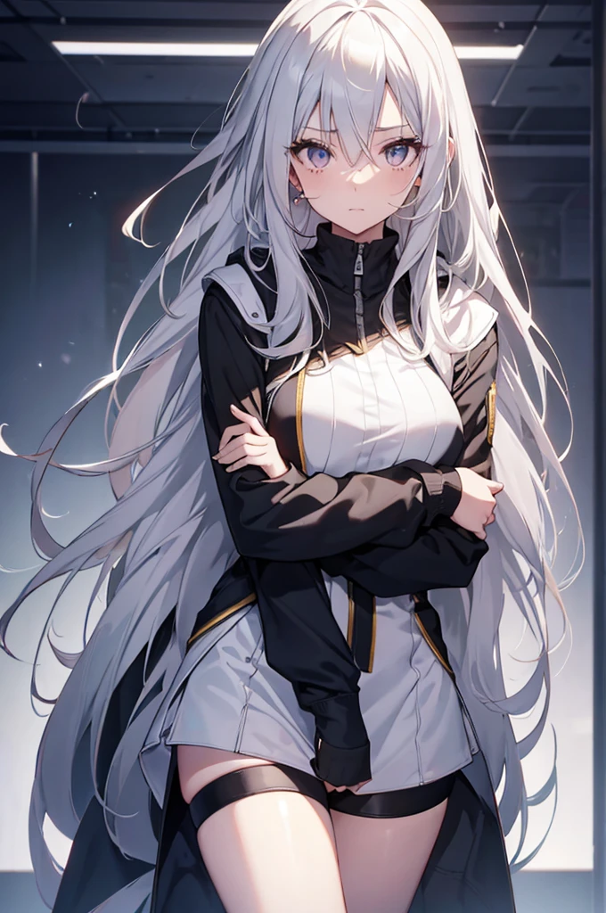 1girl, {Solitary}, Upper Body ,{{ {Watching at viewer}}}, Arms at your sides, Concept Art, white Background, simple Background, White hair, Silver gradient hair , Composite cloth, Asymmetrical clothes, Virtual YouTuber, best quality, masterpiece, Dynamic Angle, guilty gear, guilty gear, guilty gear, cowboy_shooting, Watching_Back, grab, girl,Miss,woman, young,20 years old, Very long hair, Hair Flip, Silver Hair, Flowing hair, Ahog, giggle, Beautiful and delicate golden eyes, teeth, Moderate_breast, Blonde eyes, White skin, hoodie, Black_shorts, Gray clothes, transparent_Background, Backlighting, absurd, high resolution, Extremely detailed,sweater