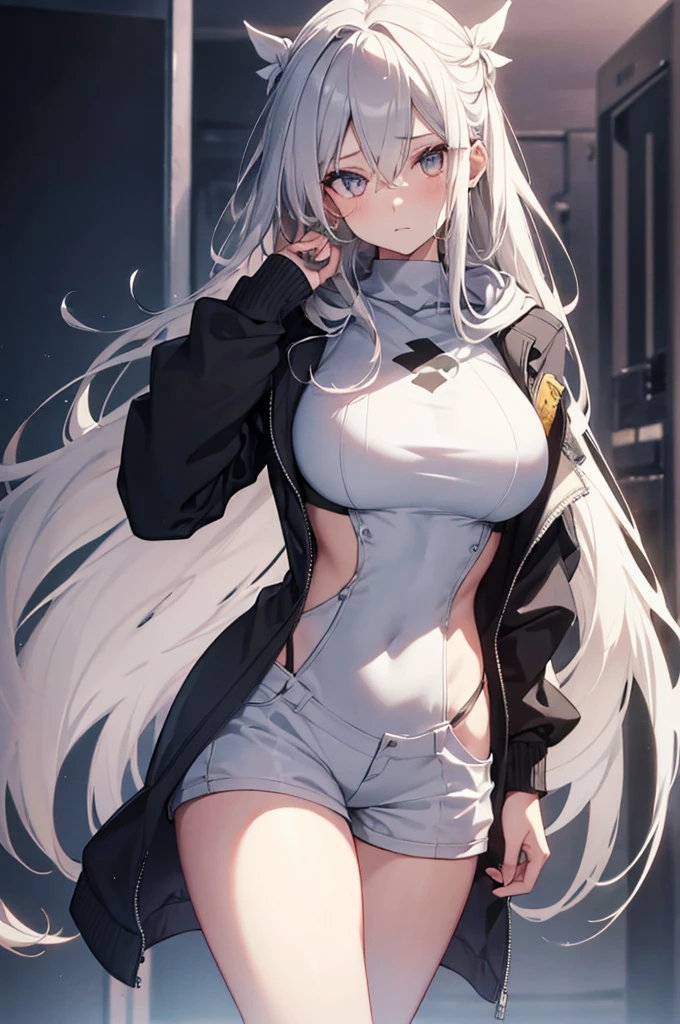 1girl, {Solitary}, Upper Body ,{{ {Watching at viewer}}}, Arms at your sides, Concept Art, white Background, simple Background, White hair, Silver gradient hair , Composite cloth, Asymmetrical clothes, Virtual YouTuber, best quality, masterpiece, Dynamic Angle, guilty gear, guilty gear, guilty gear, cowboy_shooting, Watching_Back, grab, girl,Miss,woman, young,20 years old, Very long hair, Hair Flip, Silver Hair, Flowing hair, Ahog, giggle, Beautiful and delicate golden eyes, teeth, Moderate_breast, Blonde eyes, White skin, hoodie, Black_shorts, Gray clothes, transparent_Background, Backlighting, absurd, high resolution, Extremely detailed,sweater