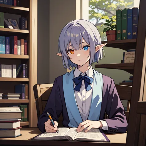 cool elf with blue and blue-purple heterochromia, silver straight hair, wearing a white collared shirt, wearing slacks, sitting ...