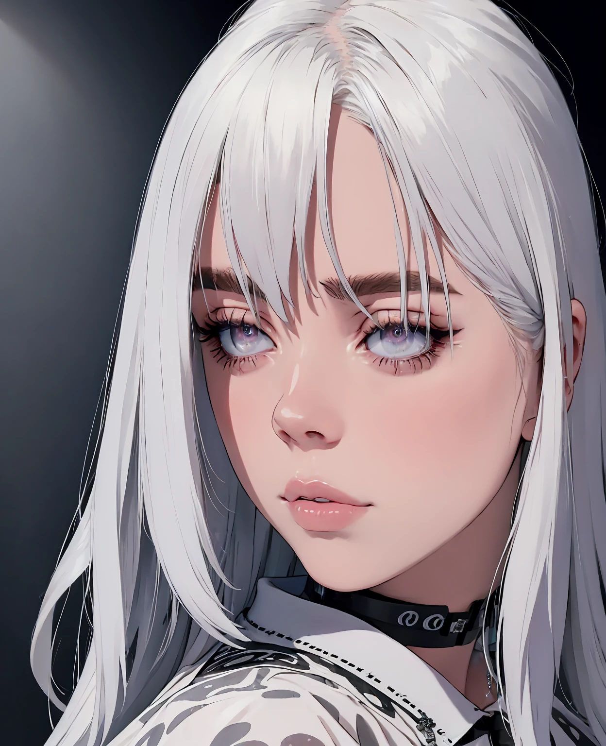 billie eilish, girl, white hair, beautiful detailed eyes, beautiful detailed lips, extremely detailed face, long eyelashes, sensual, seductive, elegant, mysterious, moody lighting, dramatic lighting, dark fantasy, dark romantic, muted colors, cool tones