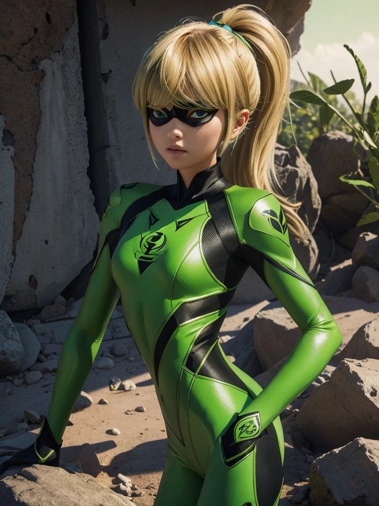 1 teenage girl. Grasshopper style miraculous suit. Green suit. Slim body. Flat chest. Eye mask. Blonde hair. Grasshopper logo at the back. 