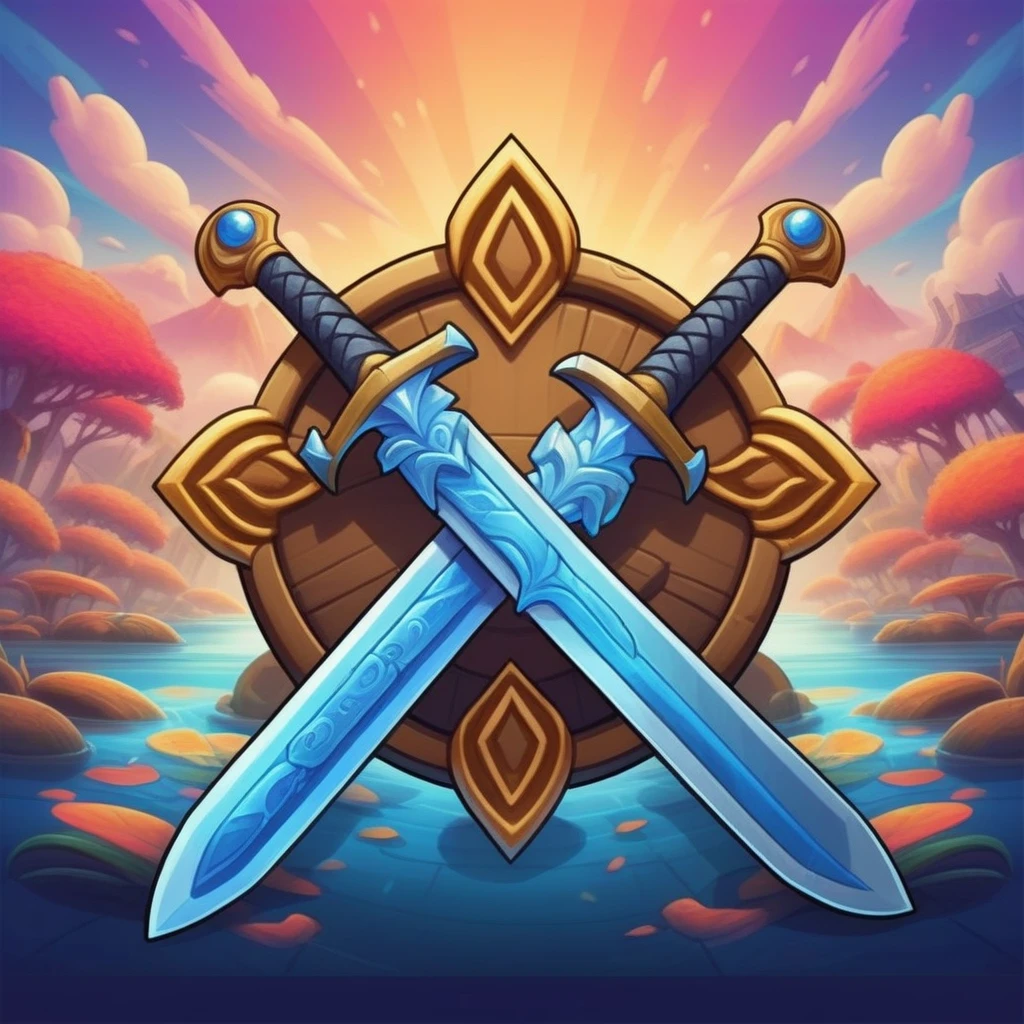 symbol, crossed sword , mobile game art, banner, detailed game art, stylized game art, game illustration, splash screen art, full card design, wallpaper!, extended art, adtime style art, saturated colorful