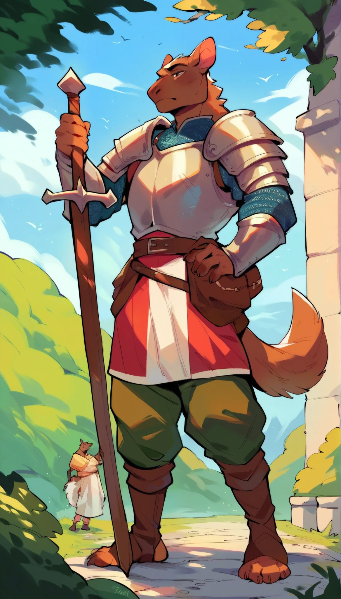 score_9, score_8_up, score_7_up, score_6_up, score_5_up, score_4_up, 
(Dog), solo, male, (athletic, anthro, brown fur, tail), full body, medieval, (sentinel, wearing sentinel leather armor), temple background