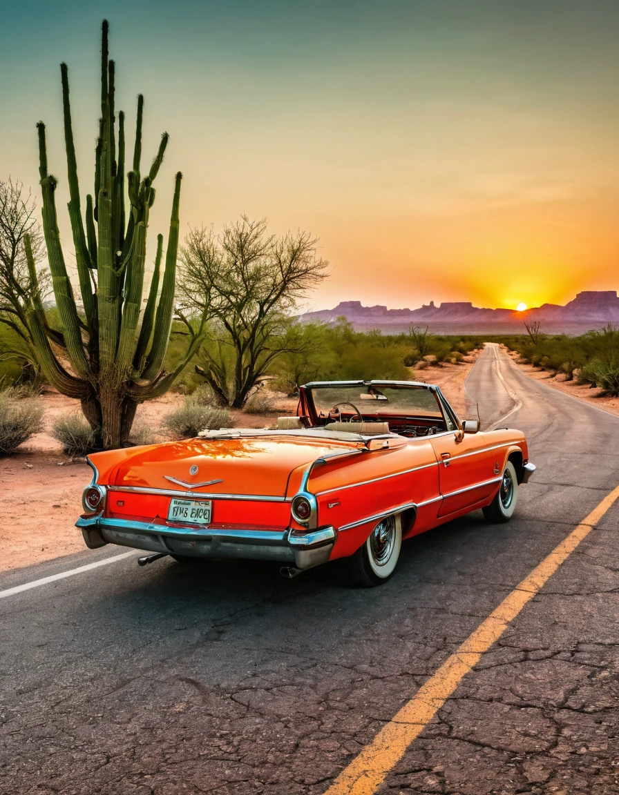 en el desierto，Un camino serpenteando hacia la distancia，Verano，muy caliente，Verano炎炎，Desierto naranja, cielo rojo，Un descapotable verde vintage está estacionado en medio de la carretera