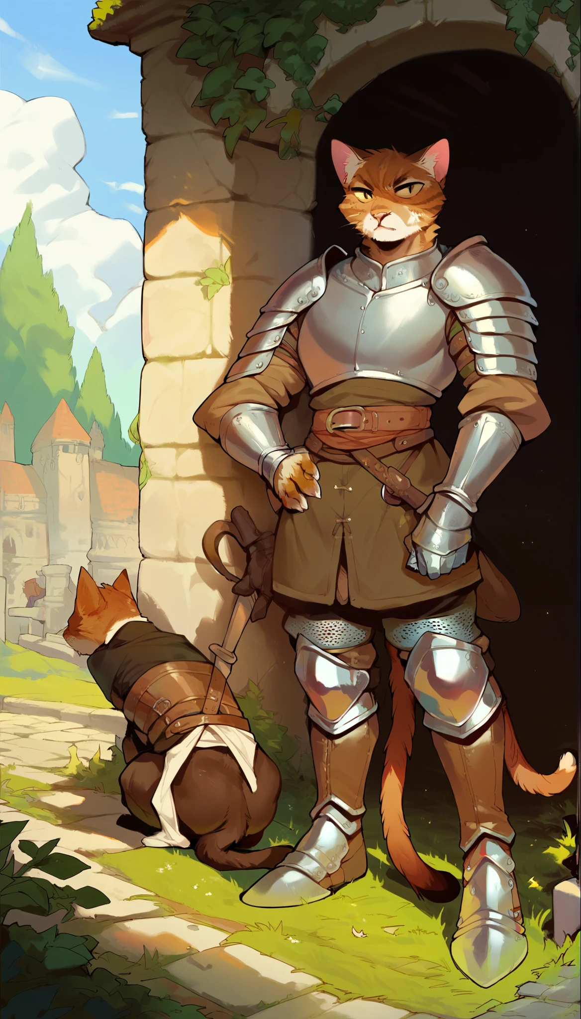 score_9, score_8_up, score_7_up, score_6_up, score_5_up, score_4_up, 
(Dog), solo, male, (athletic, anthro, brown fur, tail), full body, medieval, (sentinel, wearing sentinel leather armor), temple background