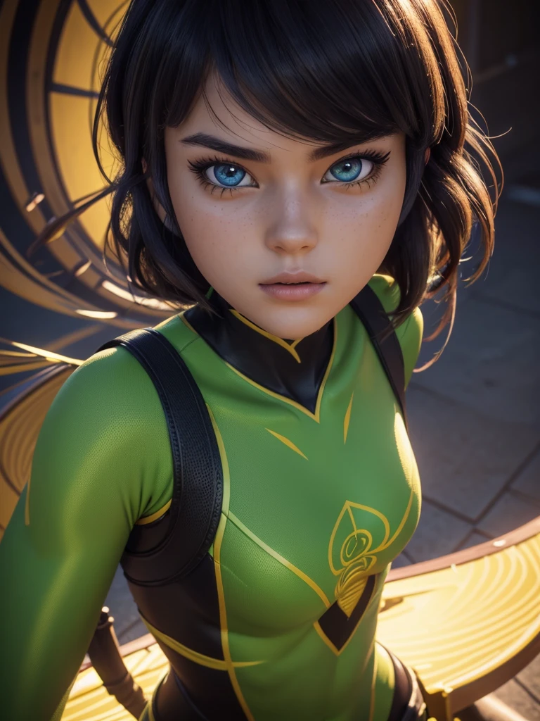 1girl, teenage girl, grasshopper style miraculous suit, green suit, slim body, flat chest, eye mask, blonde hair, grasshopper logo on the chest, (best quality,4k,8k,highres,masterpiece:1.2),ultra-detailed,(realistic,photorealistic,photo-realistic:1.37),portrait,detailed face, beautiful detailed eyes, beautiful detailed lips, extremely detailed eyes and face, long eyelashes, dynamic pose, action, colorful, vibrant colors, cinematic lighting, dramatic shadows