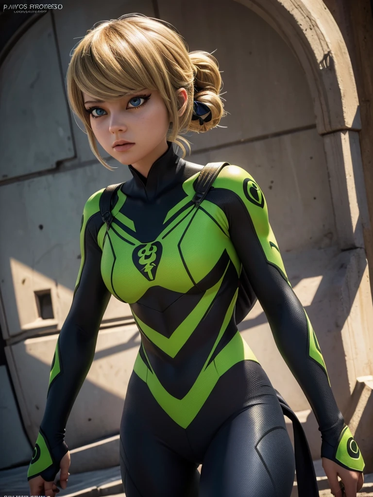 1girl, teenage girl, grasshopper style miraculous suit, green suit, slim body, flat chest, eye mask, blonde hair, grasshopper logo on the chest, (best quality,4k,8k,highres,masterpiece:1.2),ultra-detailed,(realistic,photorealistic,photo-realistic:1.37),portrait,detailed face, beautiful detailed eyes, beautiful detailed lips, extremely detailed eyes and face, long eyelashes, dynamic pose, action, colorful, vibrant colors, cinematic lighting, dramatic shadows