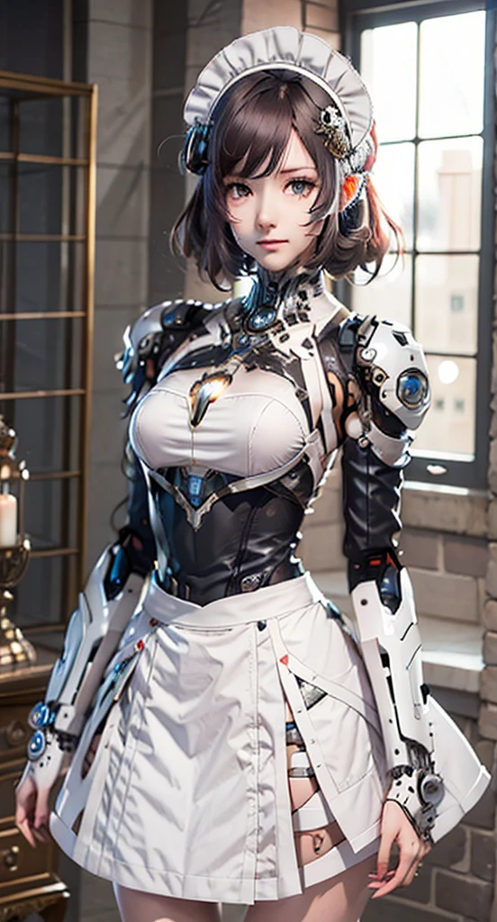 Very detailed, Advanced Details, high quality, 最high quality, High resolution, 1080P, HD, 4K,  beautiful,(Machine),beautiful cyborg mixed maid female, Mecha Cyborg Girl,Mecha Body Girl,She is wearing a futuristic mech, victorian maid dress, from the front, From the skirt up,A cute room for children, bed room, bed,