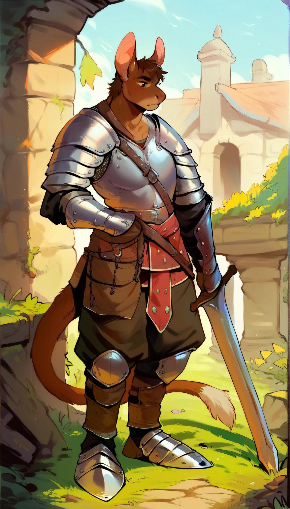 score_9, score_8_up, score_7_up, score_6_up, score_5_up, score_4_up, 
(Dog), solo, male, (athletic, anthro, brown fur, tail), full body, medieval, (sentinel, wearing sentinel leather armor), temple background