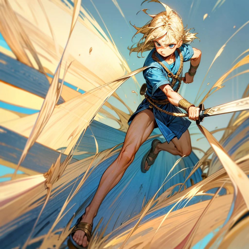 1little boy, Full body version, 1character, blue eyes color, round eyes, eyeliner, native skin, classic long haircut, big eyes type, blonde colour hair, Ancient greek clothing style, blue color clothing, machete in hand, buckler in hand, Grassroots background in beach, motion blur 