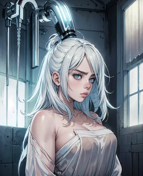 billie eilish, sexy girl, white hair, taking a shower, detailed facial features, intricate hairstyle, water droplets, steam, bat...