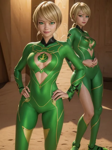 1girl, teenage girl, grasshopper style miraculous suit, green suit, slim body, flat chest, eye mask, blonde hair, grasshopper lo...