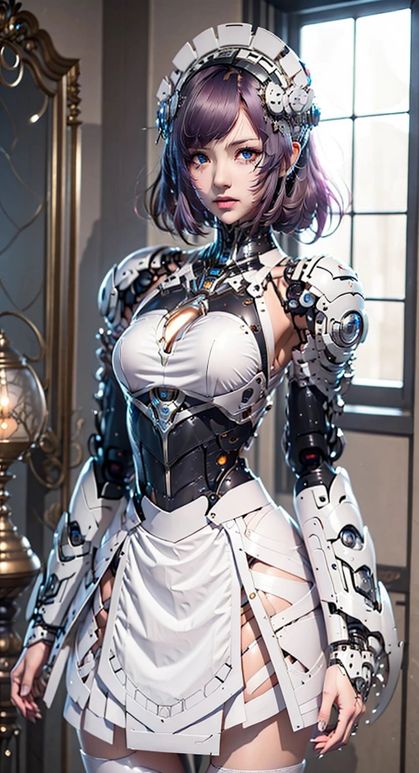 Muy detallado, detalles avanzados, alta calidad, 最alta calidad, alta resolución, 1080P, alta definición, 4k,  hermoso,(máquina),hermoso cyborg mixed maid female, Chica Mecha Cyborg,Mecha cuerpo chica,ella lleva un robot futurista, vestido de sirvienta victoriana, desde el frente, De la falda para arriba,Una linda habitación para niños., cama room, cama,