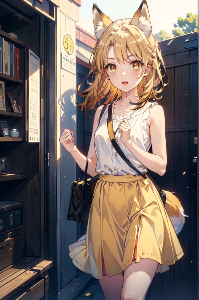 Irohaisshiki, isshiki iroha,Long Hair, Brown Hair, (Brown eyes:1.5), happy smile, smile, Open your mouth,animal(Fox Ears,Fox tail),Yellow sleeveless dress,Yellow long skirt,Cute Sandals,Carry bag,background（ferry）,My hair is blowing in the wind,Holding her hair with her right hand,whole bodyがイラストに入るように,Are standing,
break outdoors, port,
break looking at viewer,whole body,
break (masterpiece:1.2), Highest quality, High resolution, unity 8k wallpaper, (shape:0.8), (Beautiful and beautiful eyes:1.6), Highly detailed face, Perfect lighting, Highly detailed CG, (Perfect hands, Perfect Anatomy),