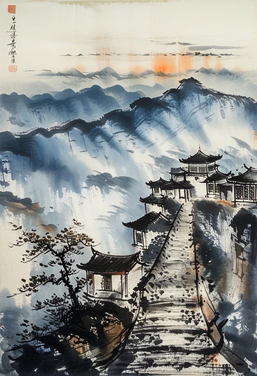 A dramatic mountain peak with jagged cliffs, mist swirling around the summit, painted in the style of Fu Baoshi.