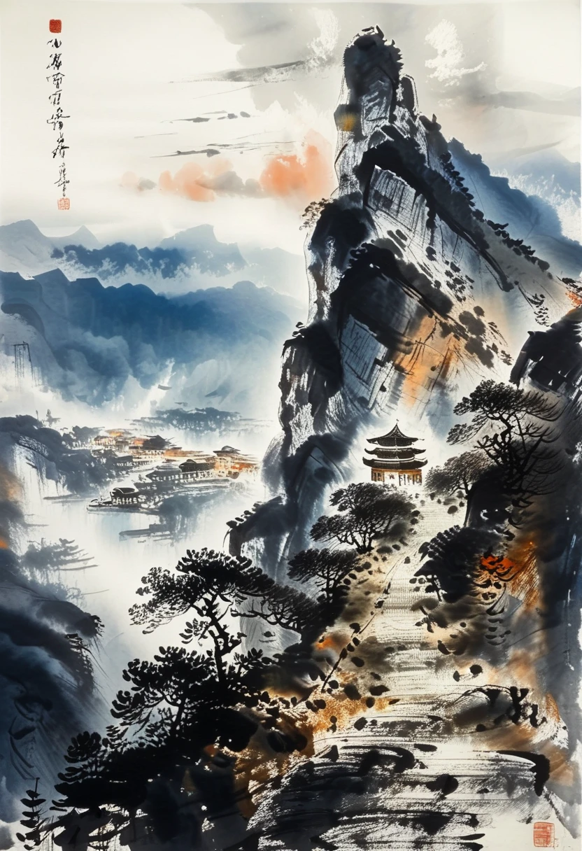 A dramatic mountain peak with jagged cliffs, mist swirling around the summit, painted in the style of Fu Baoshi.