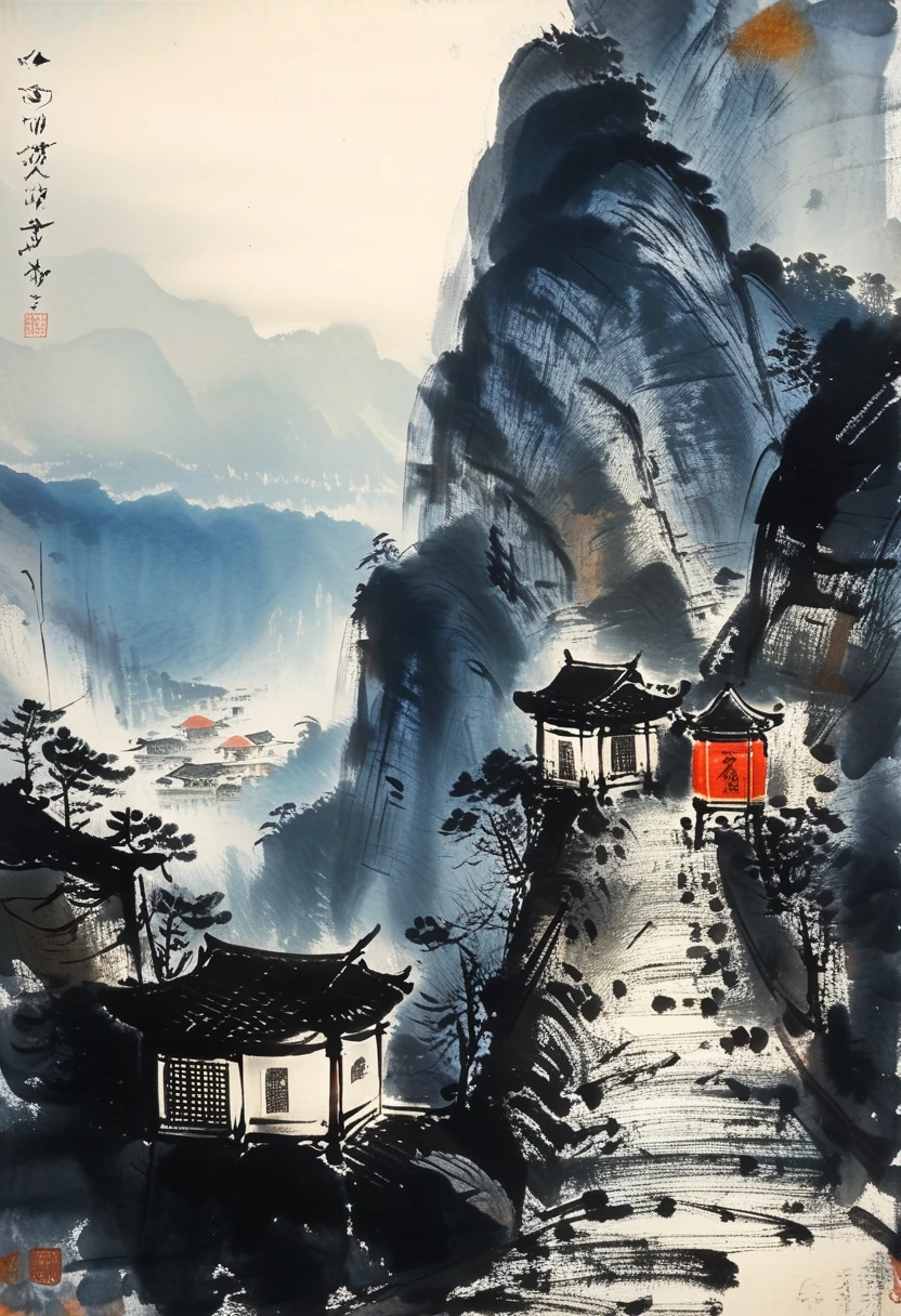 A dramatic mountain peak with jagged cliffs, mist swirling around the summit, painted in the style of Fu Baoshi.