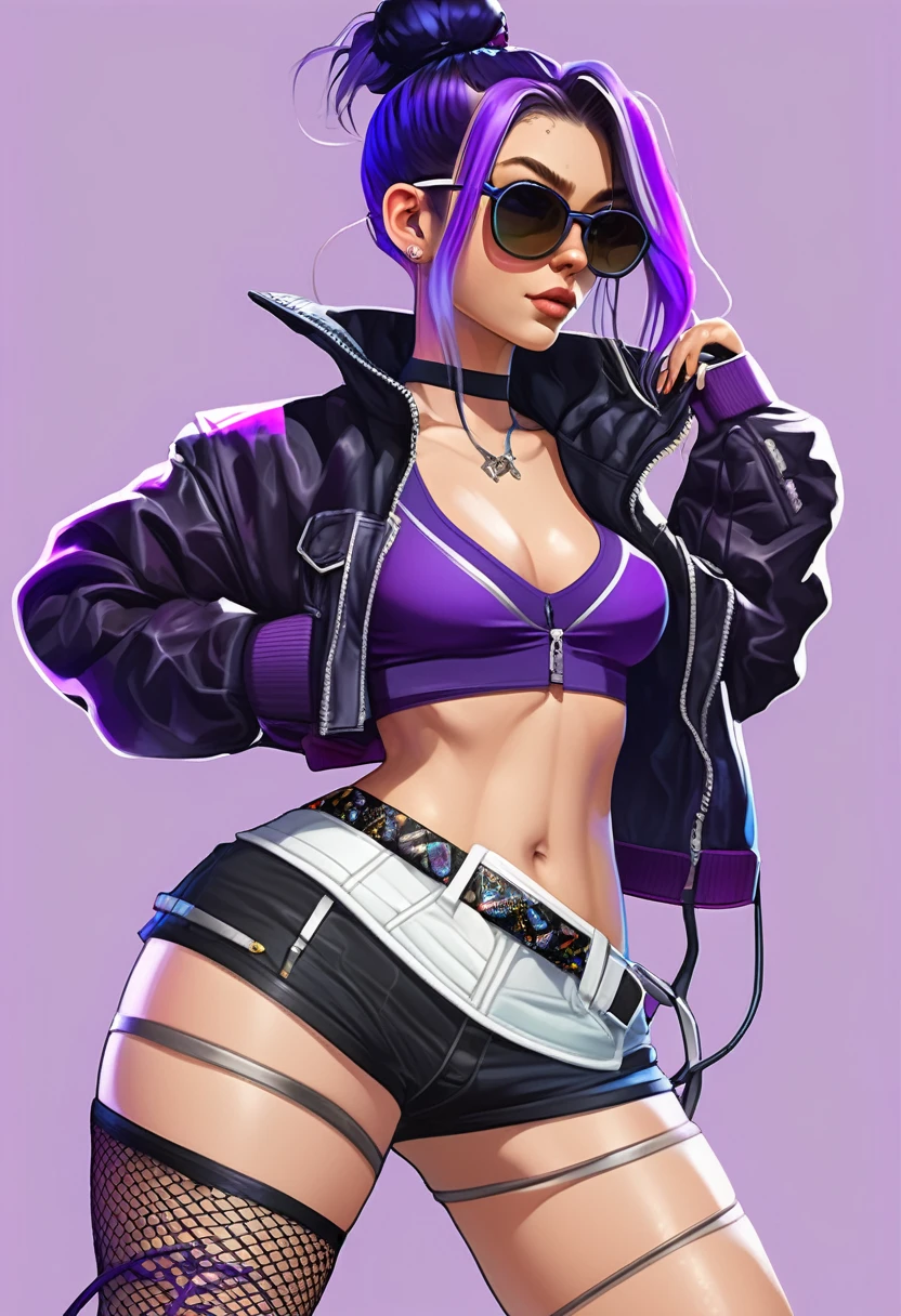 young girl, who wears a short jacket and a crop top, covering her upper body, exposing the navel. She also wears black buttonless shorts with a decorative piece of black and purple fabric, which hangs from the back, and also a white belt, with a gaming console attached to his hip. She has purple sunglasses on her head, , which she ties her hair into a loose ponytail. She also wears a pair of black ones, white and blue shoes, and also a knife, attached to her right leg, and short fishnets on the left calf. Besides, she has blue bandages on her left knee and lower back.