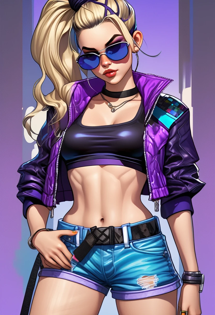 young girl, who wears a short jacket and a crop top, covering her upper body, exposing the navel. She also wears black buttonless shorts with a decorative piece of black and purple fabric, which hangs from the back, and also a white belt, with a gaming console attached to his hip. She has purple sunglasses on her head, , which she ties her hair into a loose ponytail. She also wears a pair of black ones, white and blue shoes, and also a knife, attached to her right leg, and short fishnets on the left calf. Besides, she has blue bandages on her left knee and lower back.