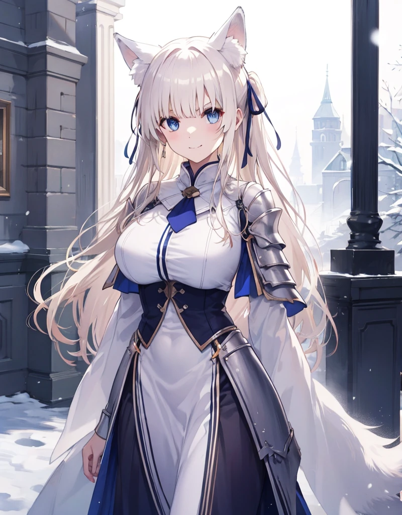 [[[ ultra-detailed, best quality, soft skin, beautiful, 4K]]] white hair, blue eyes, tied-up hair, slender body, dynamic angle, chainmail, white armor, white fox ears, calm expression, female, snowy palace gardens background, serious expression. walking angle, ((little horny smile)) to masch them über hugest big huge massive largest bigger biggest breasts 