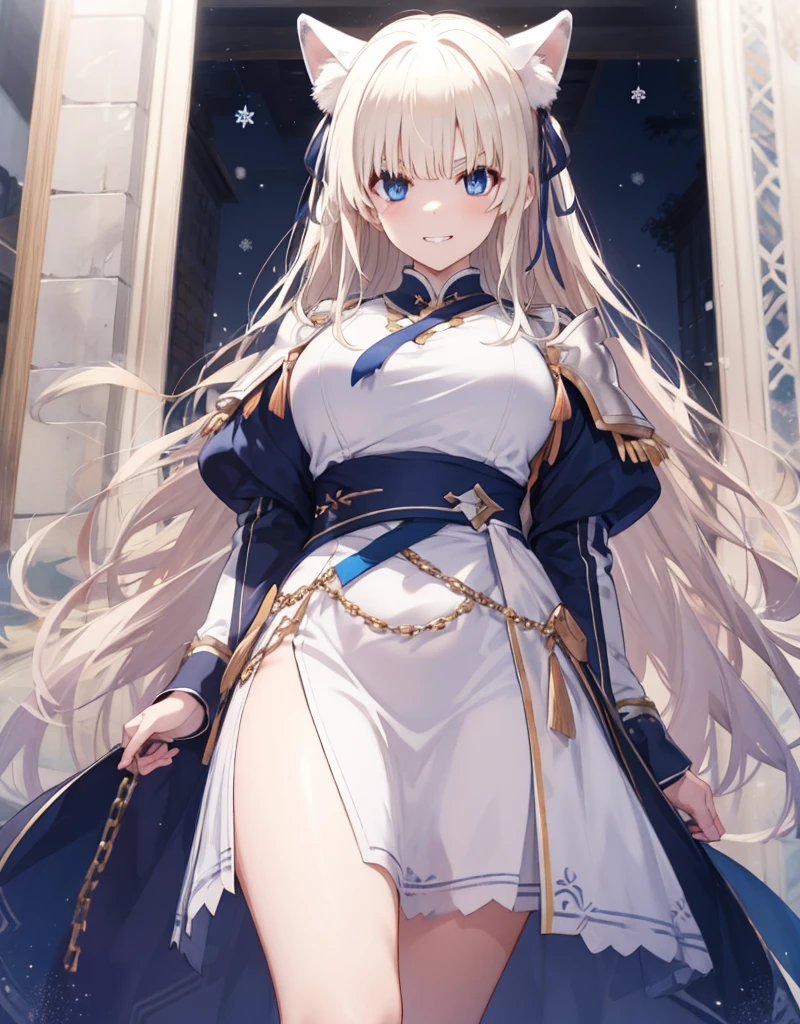 [[[ ultra-detailed, best quality, soft skin, beautiful, 4K]]] white hair, blue eyes, tied-up hair, slender body, dynamic angle, chainmail, white armor, white fox ears, calm expression, female, snowy palace gardens background, serious expression. walking angle, ((little horny smile)) to masch them über hugest big huge massive largest bigger biggest breasts 