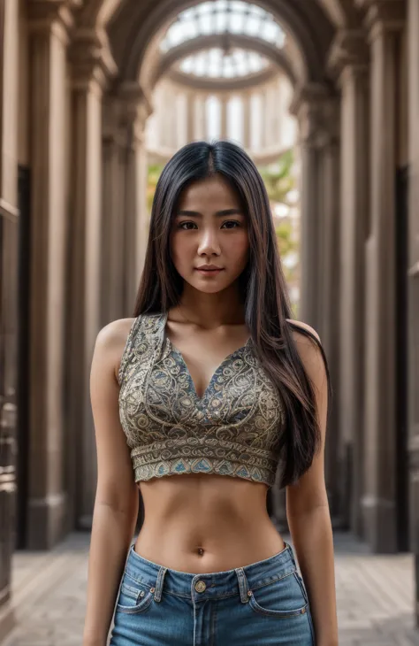 Natural photography of a beautiful asian girl, wearing a loose crop top, leaning over, long flowing hair, big bust, locks eyes i...