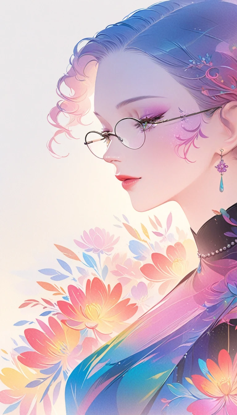 a close up of a woman wearing glasses and a dress, in style of digital illustration, jen bartel, stunning digital illustration, glossy digital painting, beautiful art uhd 4 k, digital art style, exquisite digital illustration, epic portrait illustration, beautiful digital illustration, style digital painting, colorful illustration, vibrant digital painting, colorful digital painting, stunning art style, procreate illustration,abstract art complementary colors fine details