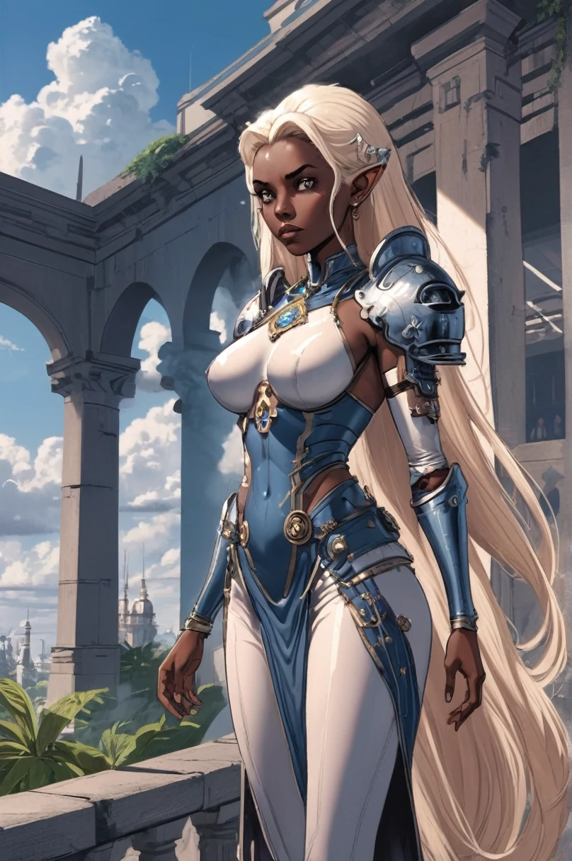 1 girl, woman, elf science fiction war priest villain, shoulder pads, bomb hair, beige hair, Very long hair, Average, (African, dark skin:0.6), (noon, blue sky, clouds, architecture, Living room of the royal capital in the tropical monsoon forest:1)