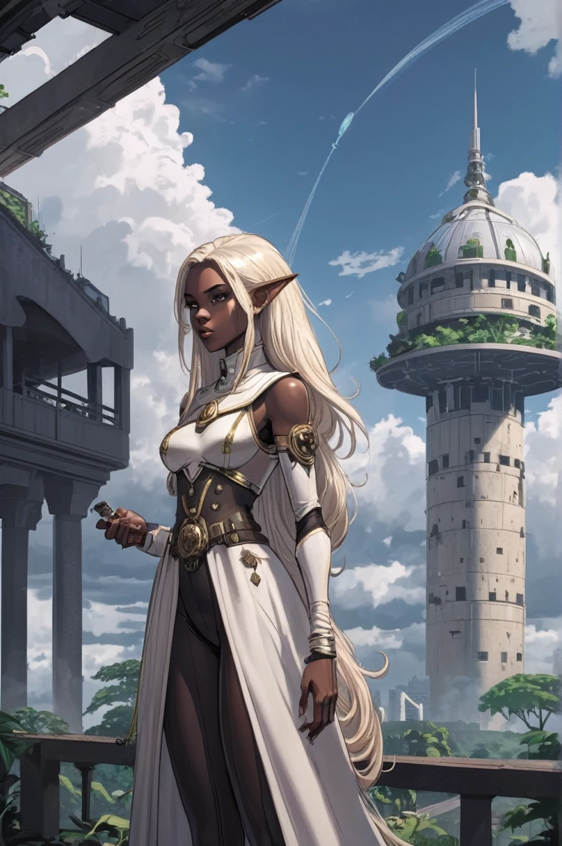 1 girl, woman, elf science fiction war priest villain, shoulder pads, bomb hair, beige hair, Very long hair, Average, (African, dark skin:0.6), (noon, blue sky, clouds, architecture, Living room of the royal capital in the tropical monsoon forest:1)