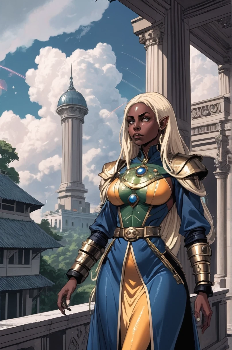 1 girl, woman, elf science fiction war priest villain, shoulder pads, bomb hair, beige hair, Very long hair, Average, (African, dark skin:0.6), (noon, blue sky, clouds, architecture, Living room of the royal capital in the tropical monsoon forest:1)